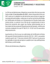 Comunicado Oficina de Admisiones y Registros