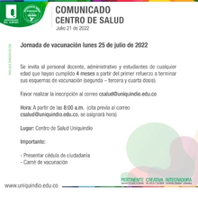 Este lunes, jornada de Vacunaci&oacute;n refuerzo | Centro de Salud Uniquind&iacute;o