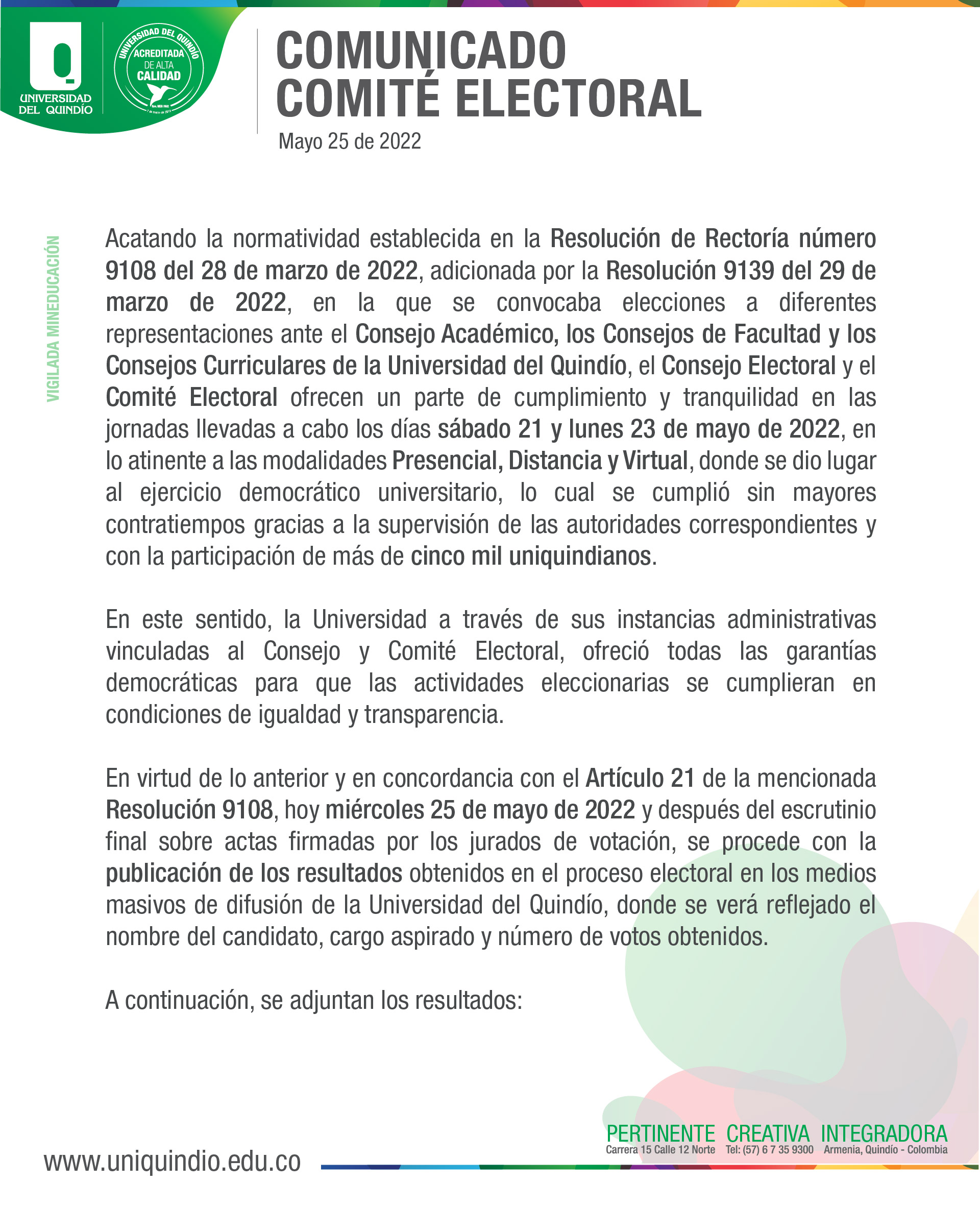 Comunicado Comite Electoral Comunicado Comite Electoral