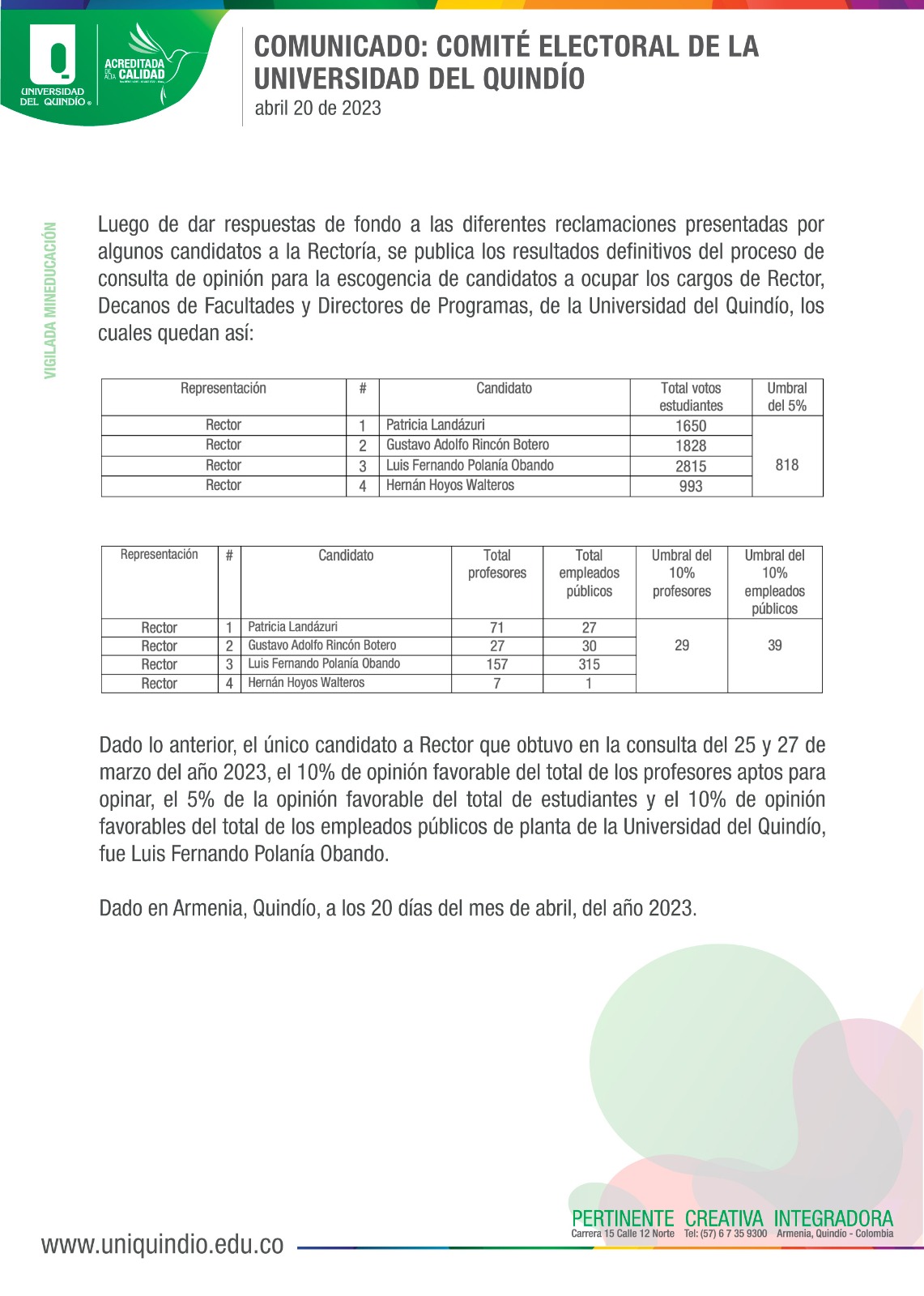 Comunicado: Comité Electoral Universidad del Quindío