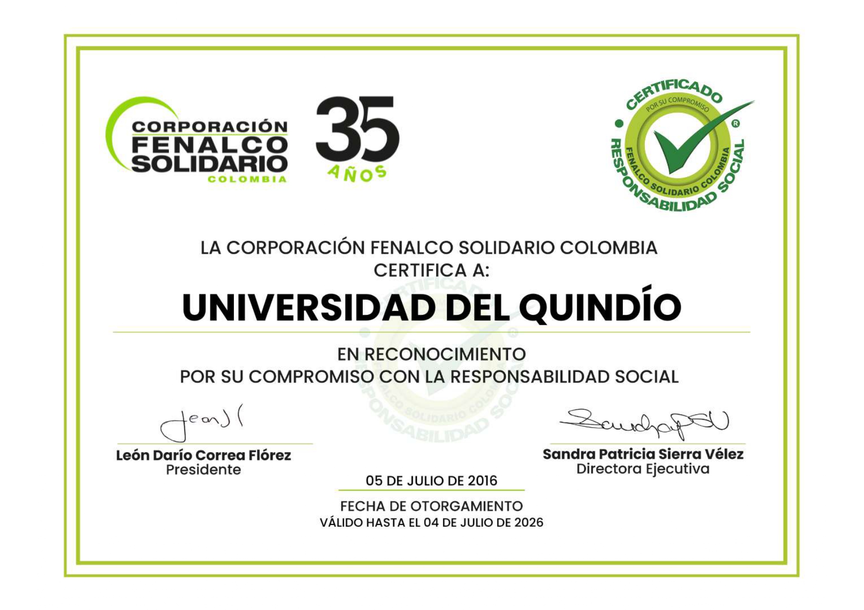 Certificado Fenalco Solidario